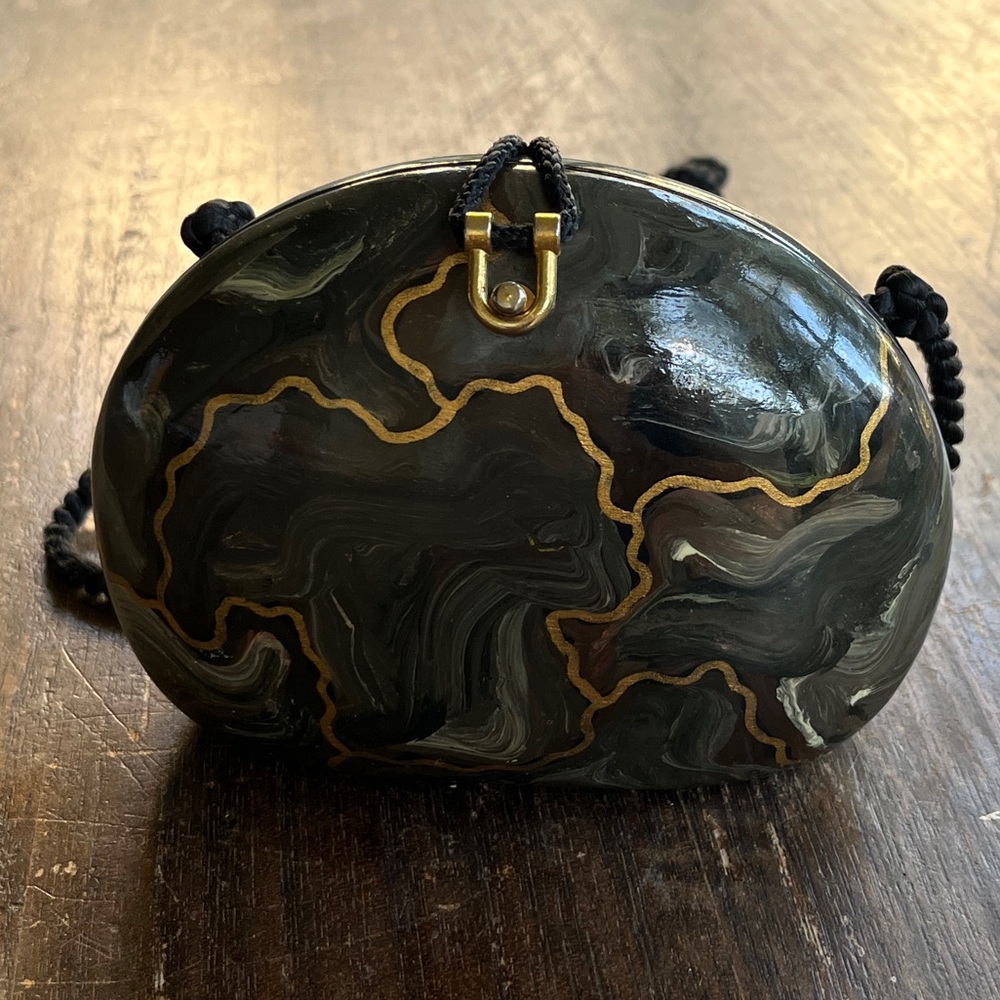 Timmy Woods Beverly Hills Marbelized Wood Clamshell Purse Clutch